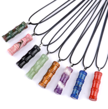 Natural Stone Handmade Craved Bamboo Pendant Necklace Gemstone Craving Hamboo Charm Pendant Necklace with Black Adjustable Cord