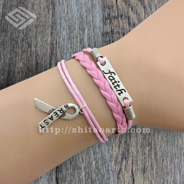 2014 New breast cancer awareness Wax Cords Leather Bracelet,faith leather bracelet