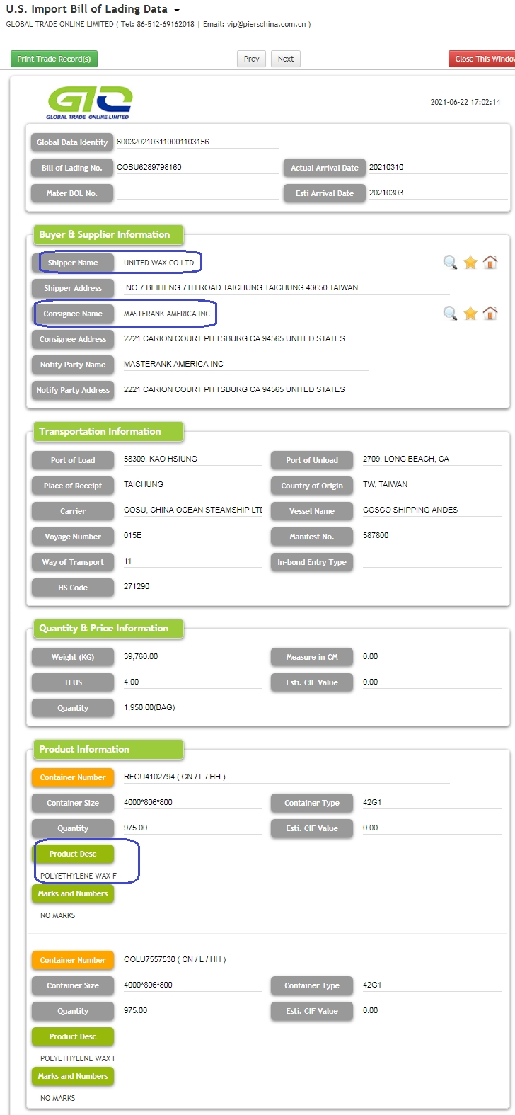 Datos comerciales de importación de cera de polietileno de EE. UU.