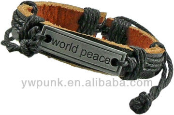 SKUB032 Wholesale black adjustable real cow leather bracelet bracelets engraved world peace bracelet wristband cuff supplier