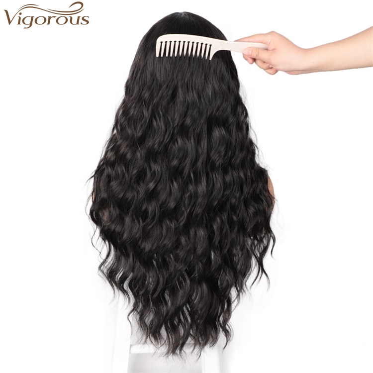 Vigorous Cheap Top Quality Long Black Wavy Wig  Middle Part Synthetic Wig For Black White Women Heat Resistant Wholesale Price