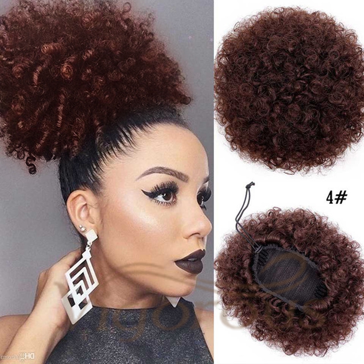 Customized Service Support Best Selling Brown Afro Curly Chignon Short Kinky Curly Hair Extensions For Black Women