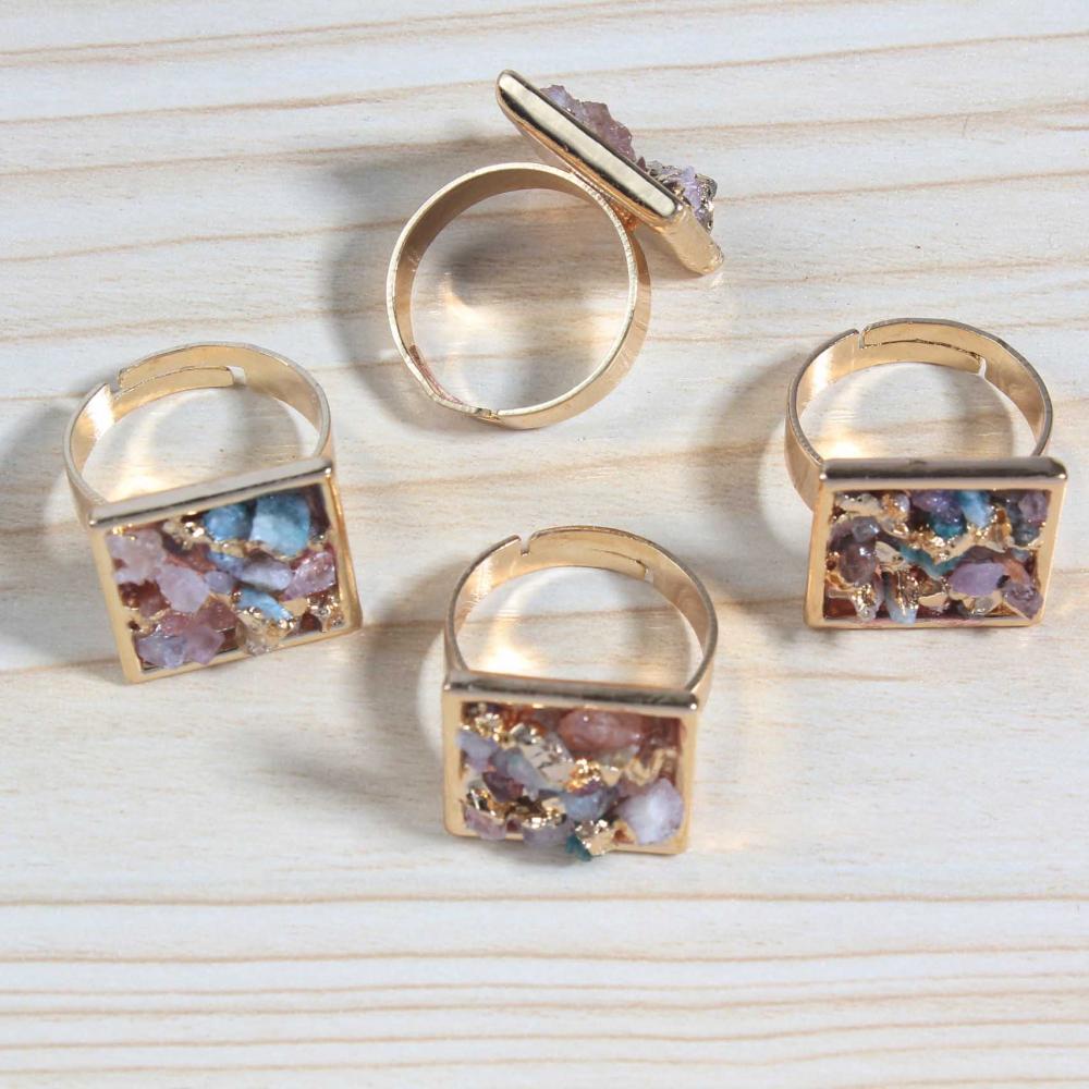 Anillos de cristal Drusy cuadrados naturales color oro 18k