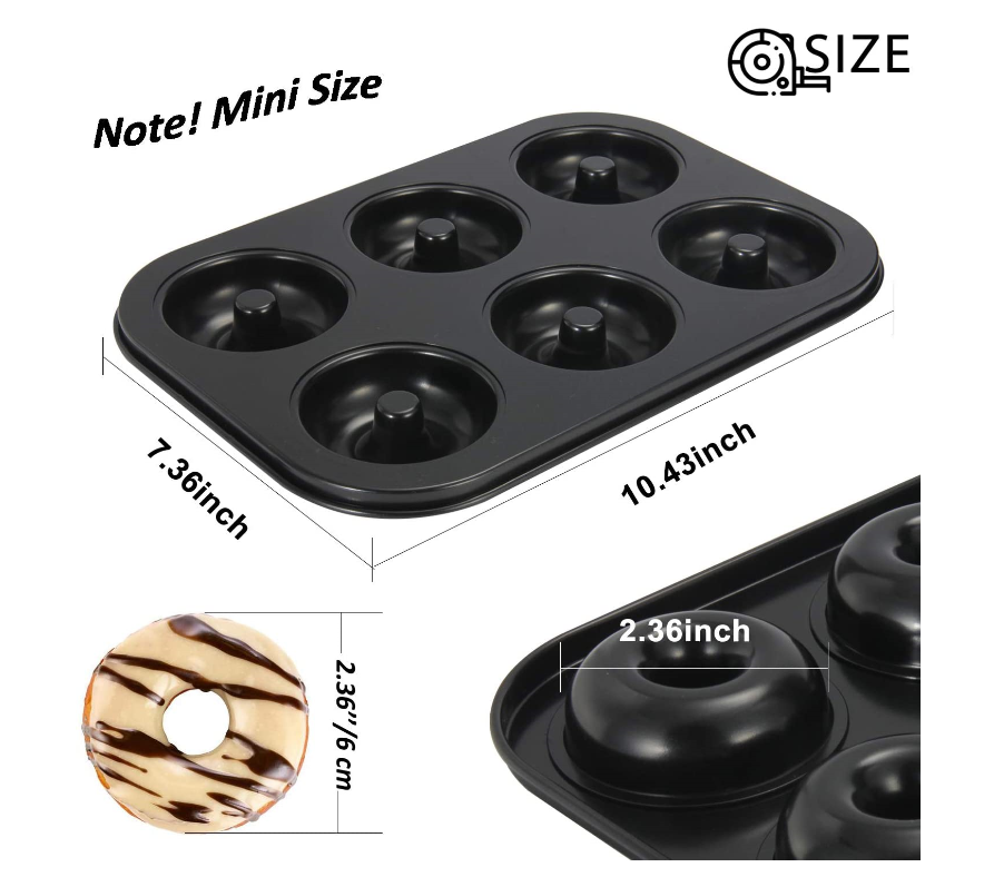 Mini Donut Pans Non-Stick 2 Pack 6-Cavity Donut Baking Pans, High-grade Carbon Steel Donut Mold - BPA Free Bagels Doughnuts