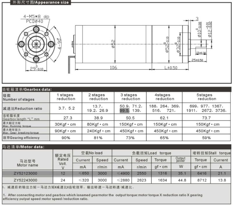 52mm Diameter High Torque 12V DC Planetary Gear Motor