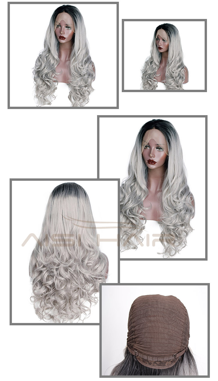 Aisi Hair Cheap Synthetic Ombre Gray Dark Root Wig Long Wavy Lace Frontal Wig Body Wave Party Lace Front Hair Wigs For Women