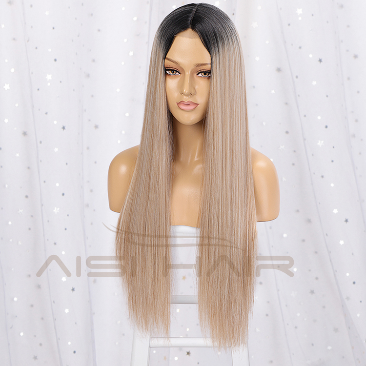 Aisi Hair High Quality Long Silky Straight Ombre Brown Lace Wig Heat Resistant Synthetic Hair Lace Front Wigs For Black Women