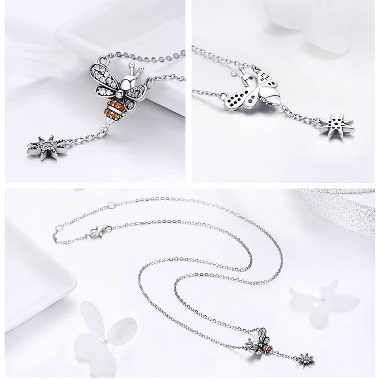 925 Sterling Silver Jewelry Fashion Bee Clear CZ Snowflake Pendant Necklace