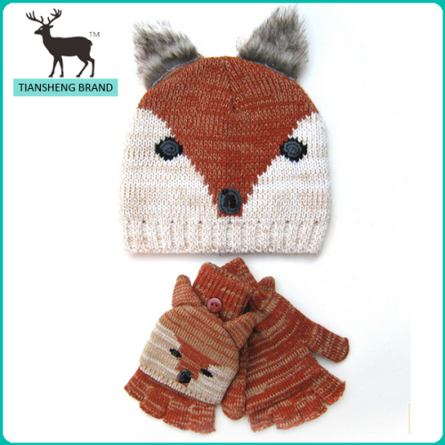 High quality fox animal pattern faux fur knitted hat glove set