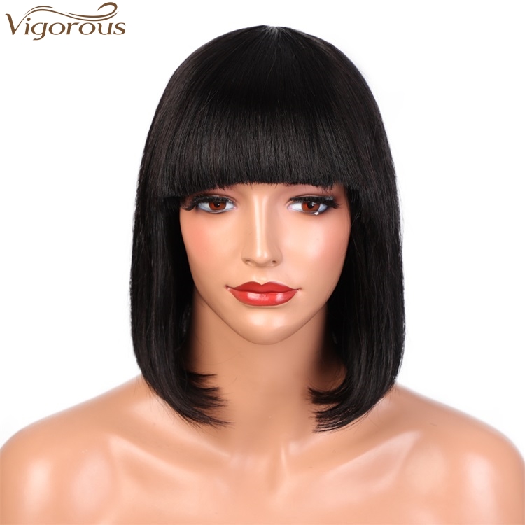 Vigorous High Quality Short Bob With Flat Bangs Wigs12 Inches Straight Black Human hair Wigs for White Women Wholesale Price