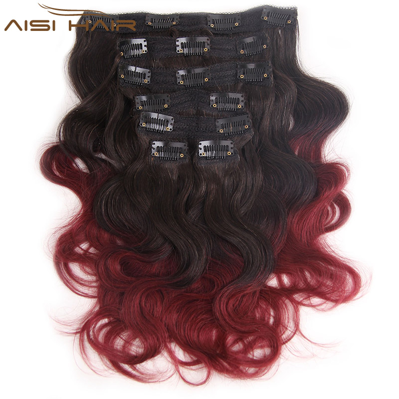 Wholesale 8A Unprocessed 100% Human Hair Ombre Burgundy Brazilian Clip In Hair Extensions Ombre Red Clip In Human Hair