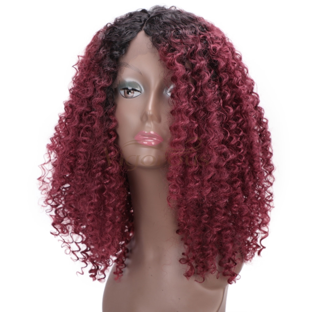 Vigorous Hair Ombre Wine Red Synthetic Lace Front Wig Short Kinky Curly Wigs for Black Women Daily Party Cosplay Wig 16 Inch