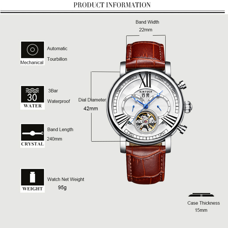 Kinyued J023 Fashion Leather Automatic Man Watches Tourbillon Calendar Chronograph Mechanical Watch