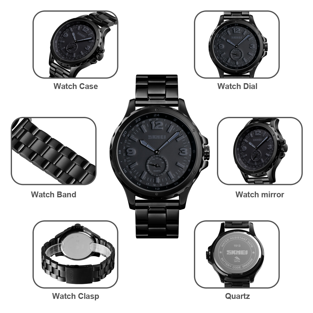New Design Skmei 1513 Watch Men Wristwatch Black Quartz Watch Stainless Steel Waterproof Customized Logo