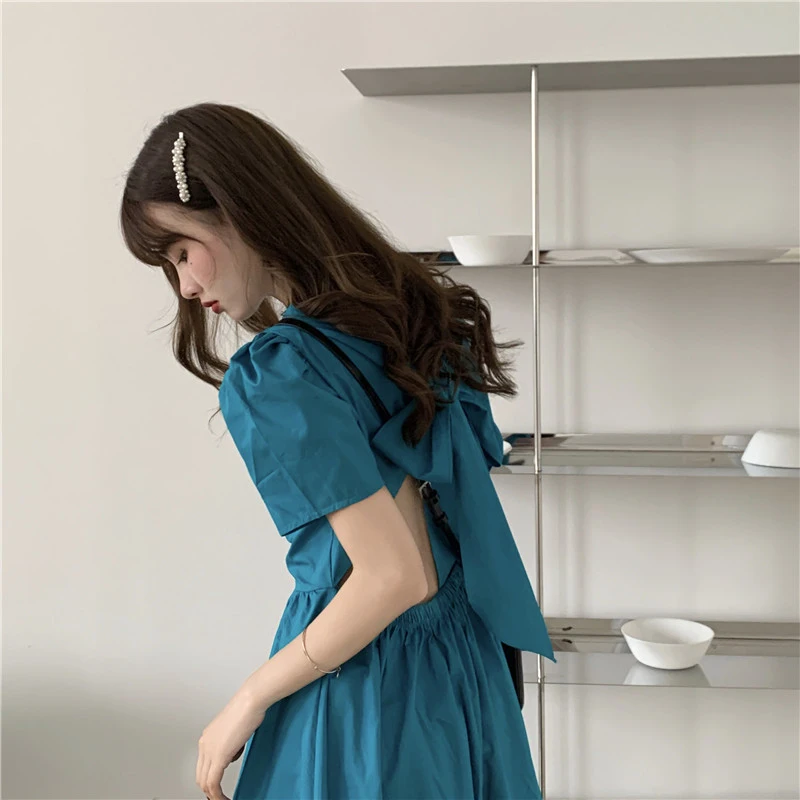 Summer Trend Back Hollow Bow Skirt Waist Solid Color Dress