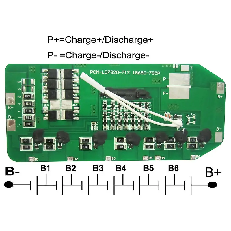 7s 20A PCM BMS for 24V 25.2V 25.9V Li-ion/Lithium/ Li-Polymer 21V 22.4V LiFePO4 Battery Pack Size L158*W70*T6mm (PCM-L07S20-712)