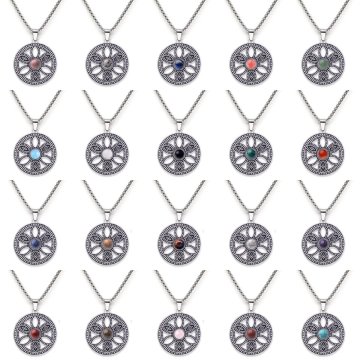 Gemstone Tiger eye Pendant Necklace Lucky Tree Crystal Choker Stainless Steel Hollow Tree of Life Pendant Necklace 50CM Chain