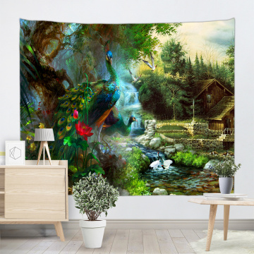 Peacock in Forest Tapestry River Chalet Crane Wall Hanging Nature Style Tapestry for Livingroom Bedroom Home Dorm Decor