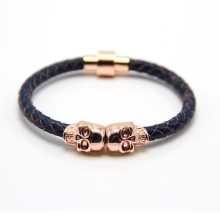 Mens North Skull Metal Charm Black Leather Bracelet