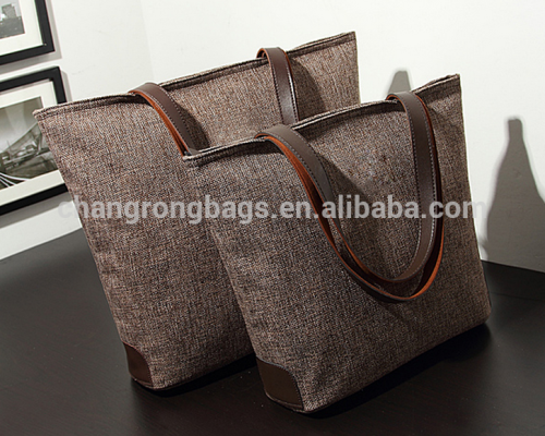 European style cotton jute tote bag leather handle,simple style leisure women bag