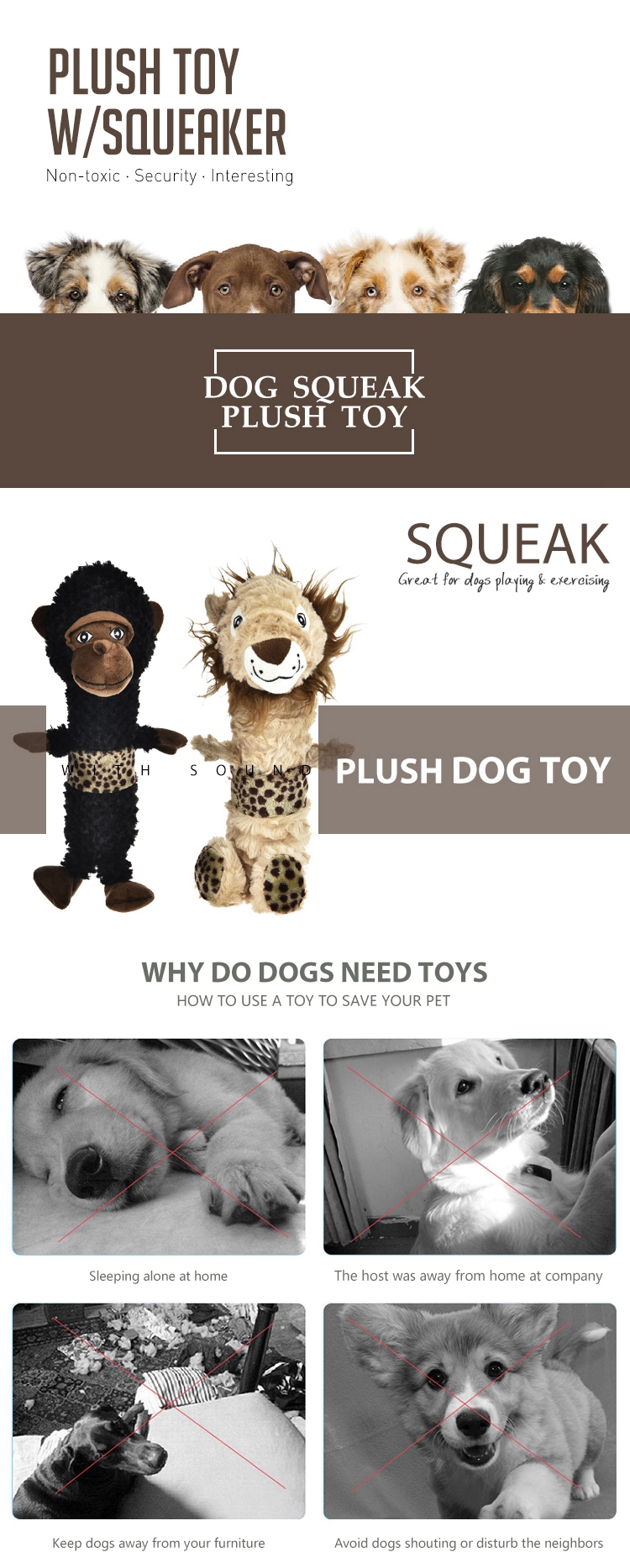 Brown Animal Dog Toy Polyester Plush Fluffy Dog Toy with Squeaker