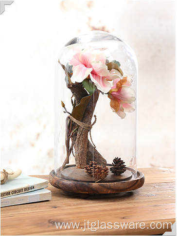 Handmade Clear Flower Glass Dome Wood Base
