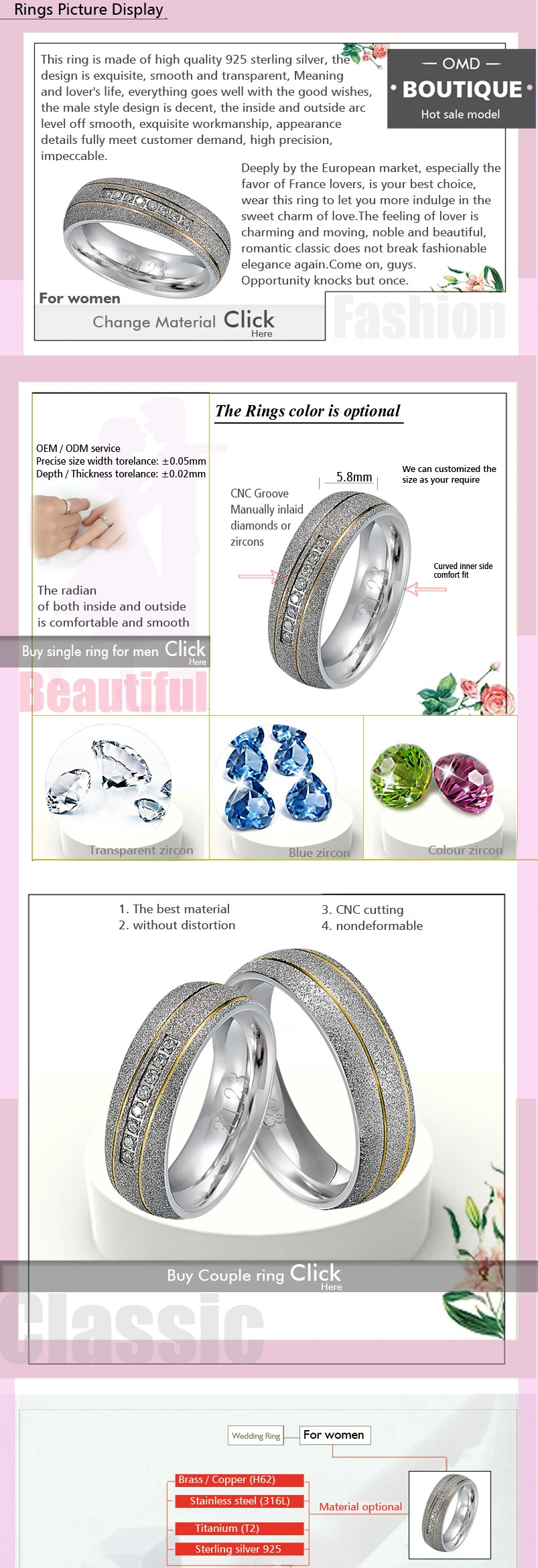 Fashion 925 Silver Ring Gold Plated Couple Lover Rings for Men and Women