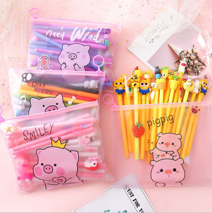 Korean Cute Cartoon Heart Customized Student Stationery Set Promotional Plastic Ball Pen Novelty Body Personalized Logo Pen Bag