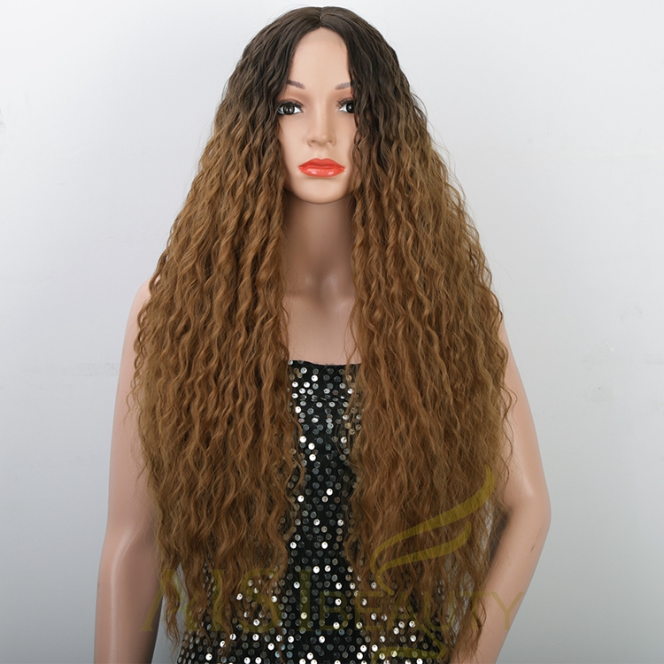 Good Quality Cheap Price Natural Hairline Swiss Lace Ombre Black Brown Long Fiber Kinky Curly Synthetic Hair Wigs
