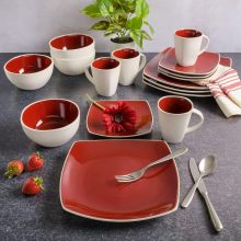 Gibson Soho Lounge Square Reactive Glaze Stoneware Dinnerware Set - Sustainable 4-Piece Red/White Service for Weddings