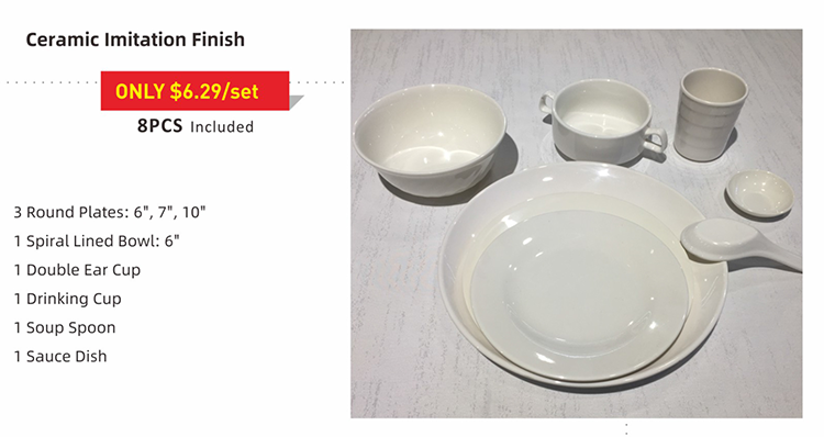 Top10 Best Selling Top Class Brand Design 8PCS Restaurant Hotel supply unbreakable super ware ceramic like melamine dinner set