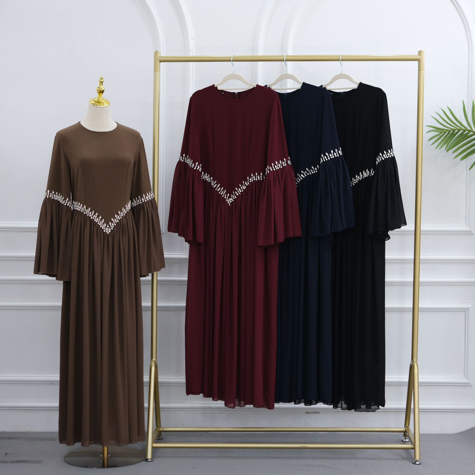 Luxury Solid Rhinestone Qurxiyey Flare Sleeve Abaya Rhinestone Flare Sleeve Abaya Dress for Women
