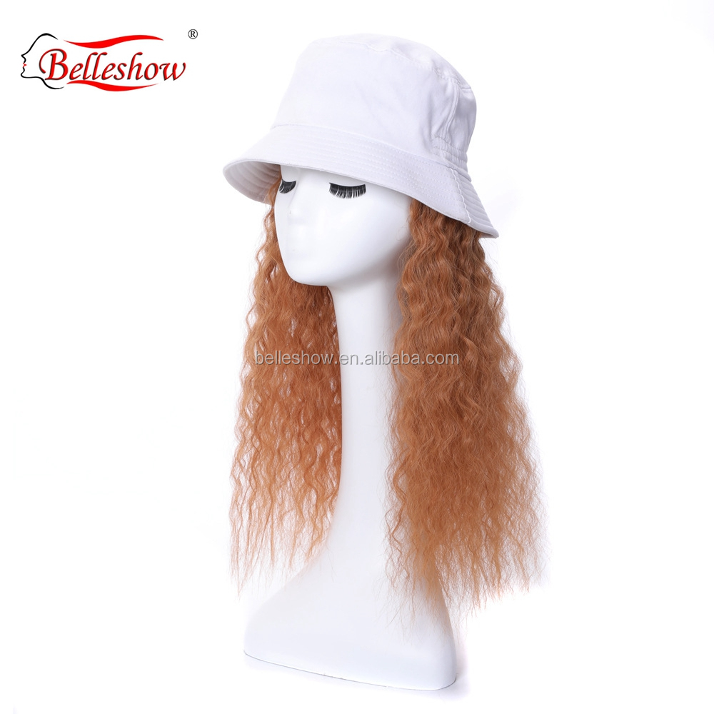 Hot sell fisherman's hat wig wool ring light brown long curly hat wig head set real hair mix black hat human and synthetic hair