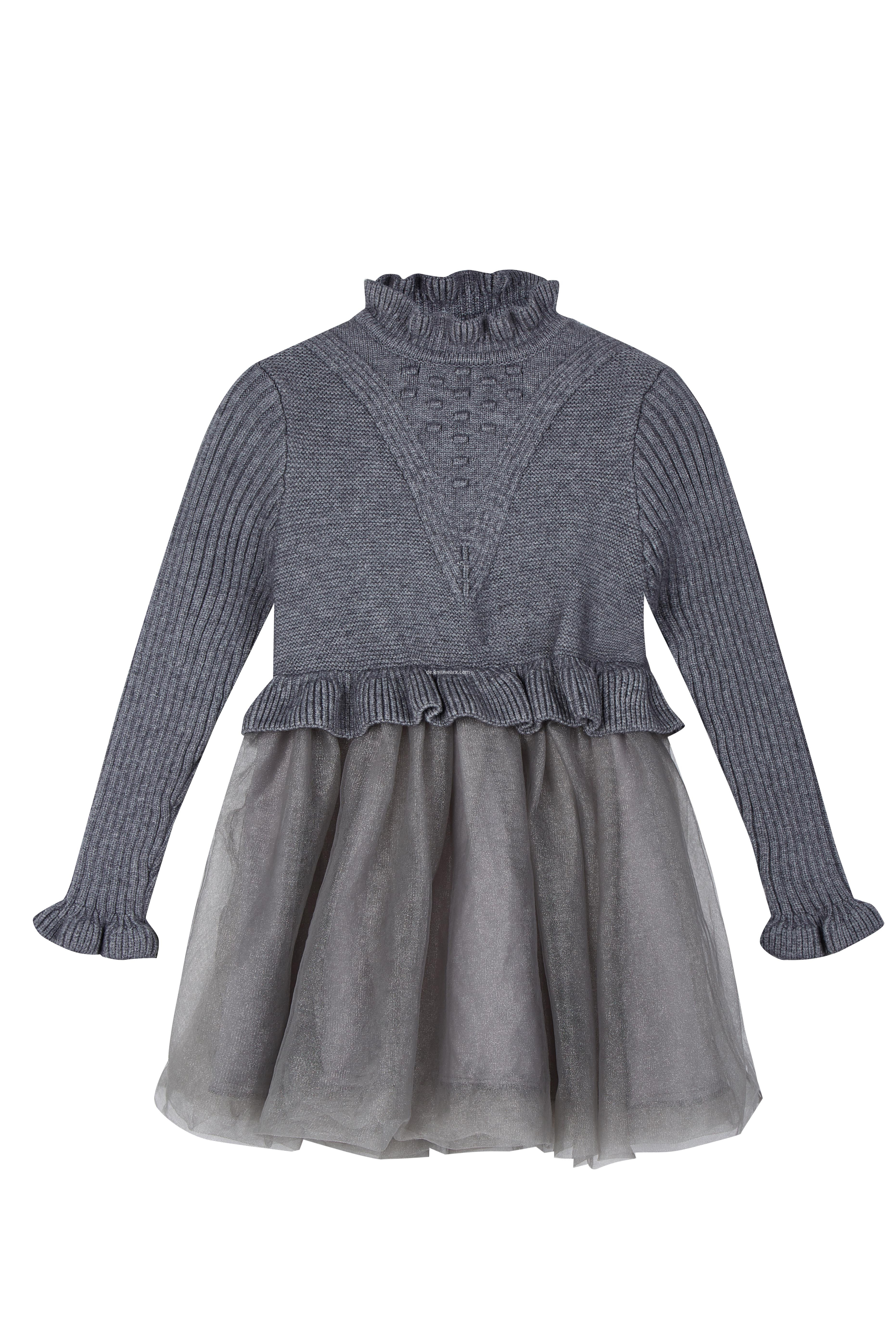 Girl's Knitted Ruffled Neck Silver Crepe Winter Dress