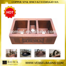 Hand hammered three bowl antique Copper Sink