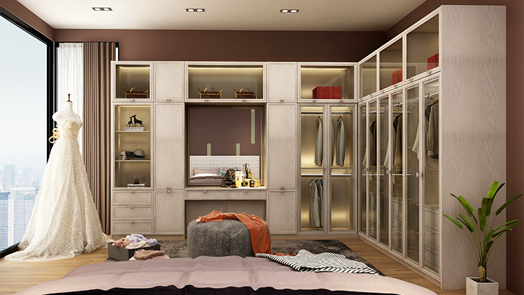 sliding doors wooden bedroom closet with dressing table 