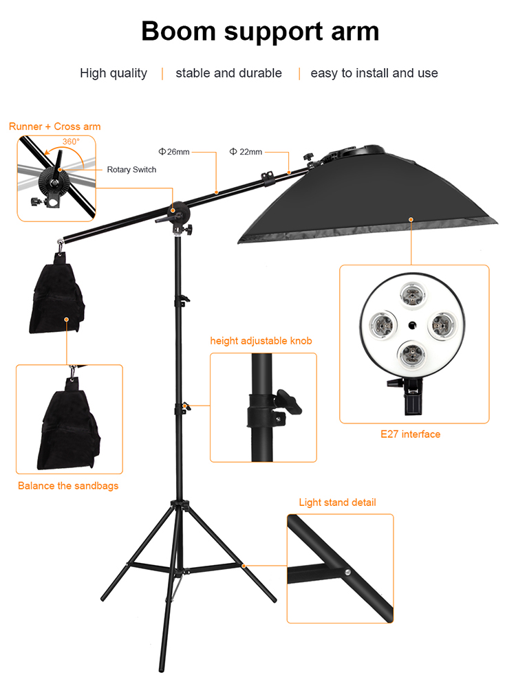 Photography Studio Continuous Softbox Lighting kit with Cantileve & 4 in1 E27 lamp holder for Photo Video Portrait Product shoot