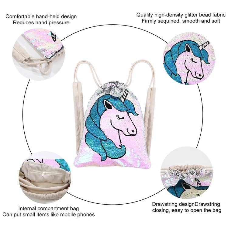 Kids Flip Sequin Unicorn Drawstring Backpack for Outdoor Sports