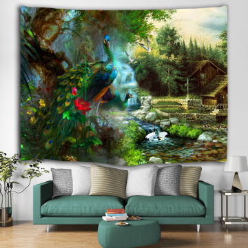 Pfau in Forest Tapestry River Chalet Crane Wandbehang Natur Stil Wandteppich für Wohnzimmer Schlafzimmer Home Wohnheim Dekor