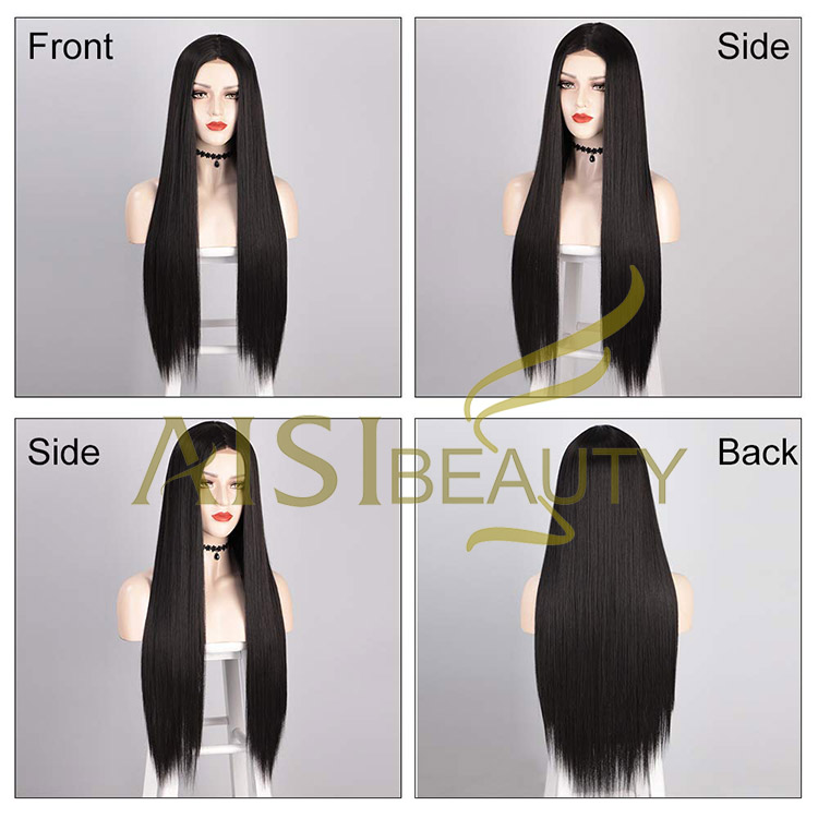 Aisi Beauty Wholesale Vendor Cheap Long Silky Straight Black Wig Swiss Lace Synthetic Hair For Black Women Lace Front Wig