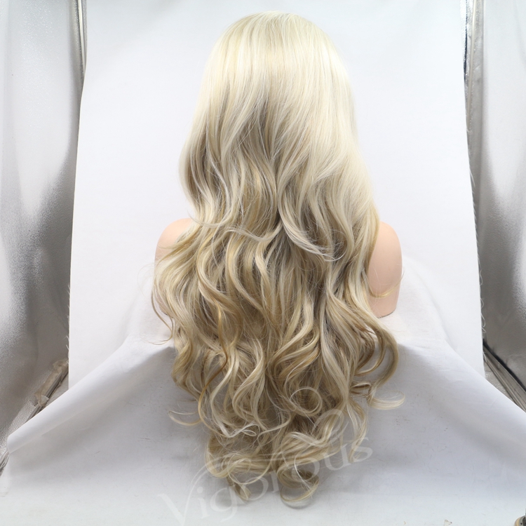 Vigorous mono long premium high quality straight wave wholesale black women synthetic hair wigs with lace front