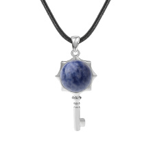 Sodalite Round Cabs Silver Alloy Key Pendant Necklace 45cm Black Cord
