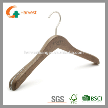 Brown finish oak wooden coat hanger with logo