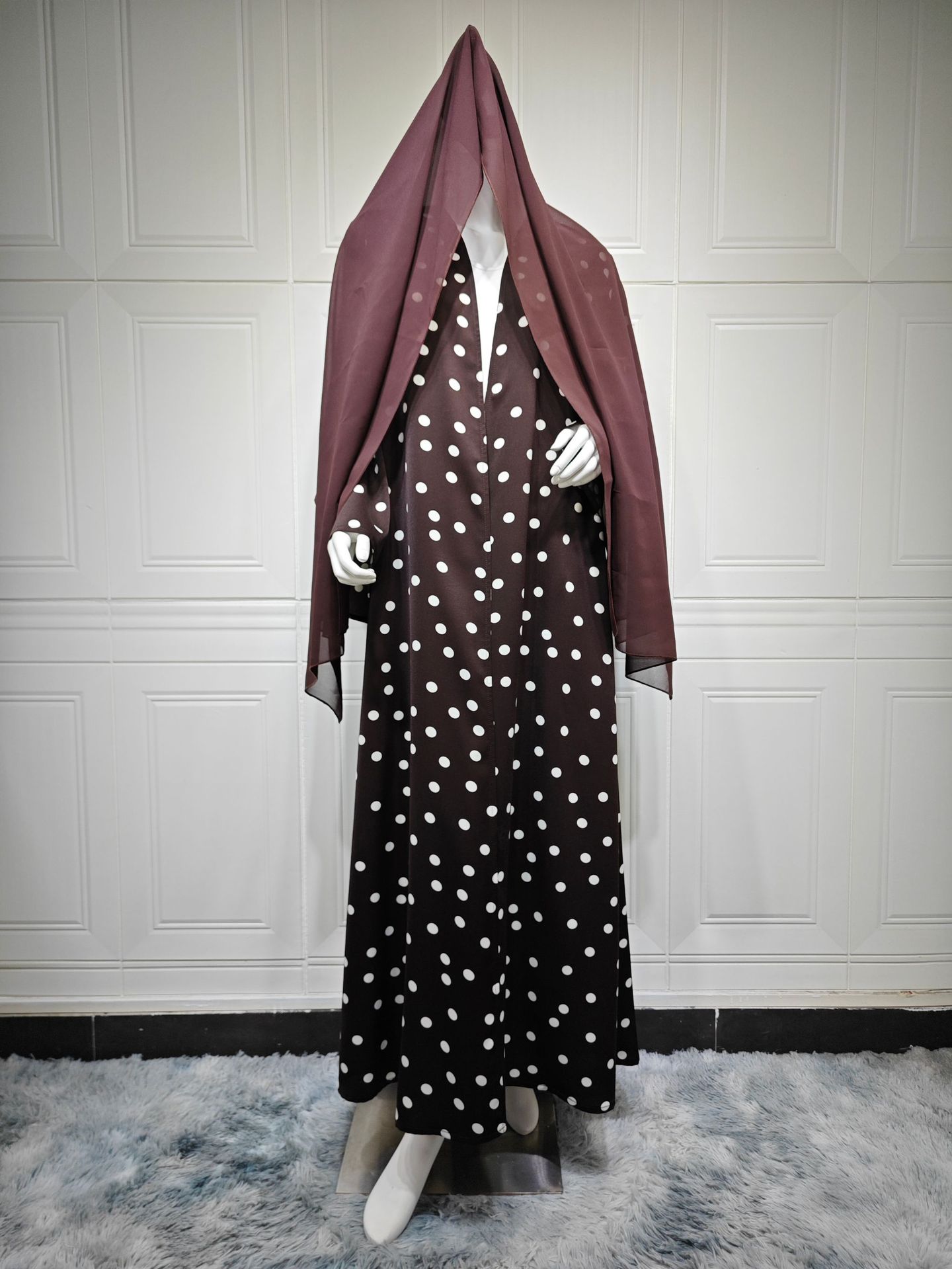 روسری خالخالی شیک Abaya مد جدید دبی خاور میانه سبک کت و شلوار ژاکت کش باف پشمی 5 Elegant Polka Dot Scarf Abaya New Fashionable Dubai Middle East Modest Breathable Abaya Hijab Set Cardigan Robes5