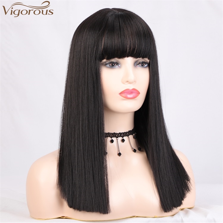 Vigorous High Temperature Wholesale Price  Cheap Long Silky Straight Black with Flat Bangs Synthetic Hair Wigs for Black Women