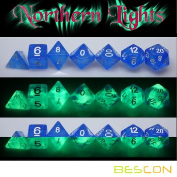 Bescon Súper Brillo en la Nebulosa Oscura Brillo Set de Dados Poliédricos LUZ DEL NORTE, Juego de dados luminosos en rollo, Brillante Novedad Dados DND