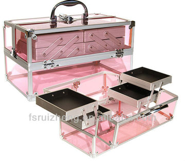 Pink Transparent Acrylic Aluminum Cosmetic Hairdresser Makeup Case