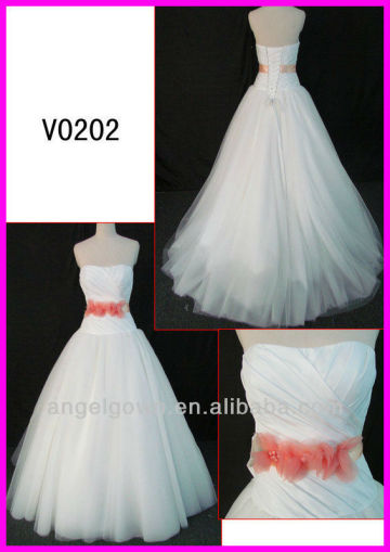 2014 guangzhou real sample tulle ball wedding gowns/bridal dress crystal pink ribbon sash/belt and lace up back V0202