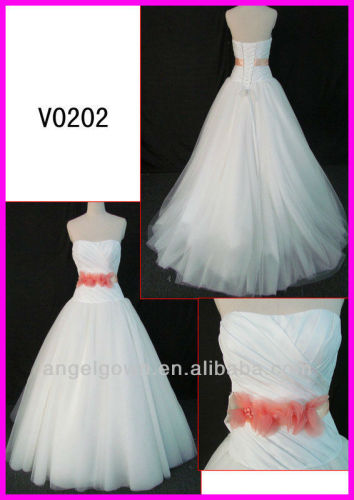 2014 guangzhou ivory/white real tulle ball wedding gowns/bridal dress beaded pink color ribbon sash/belt and lace up back V0202