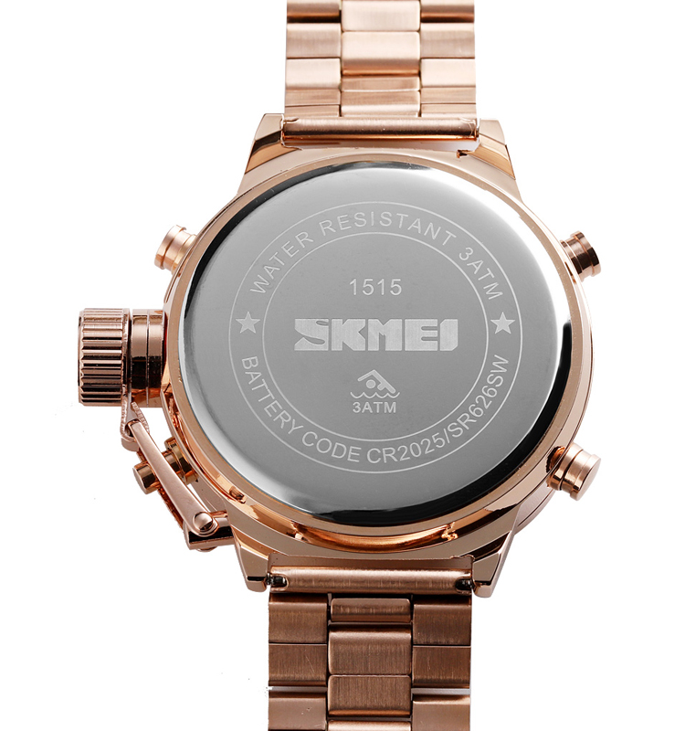 Skmei 1515 Gold Digital Watch Men Wristwatch Chrono Alarm Waterproof Stainless Steel Strap